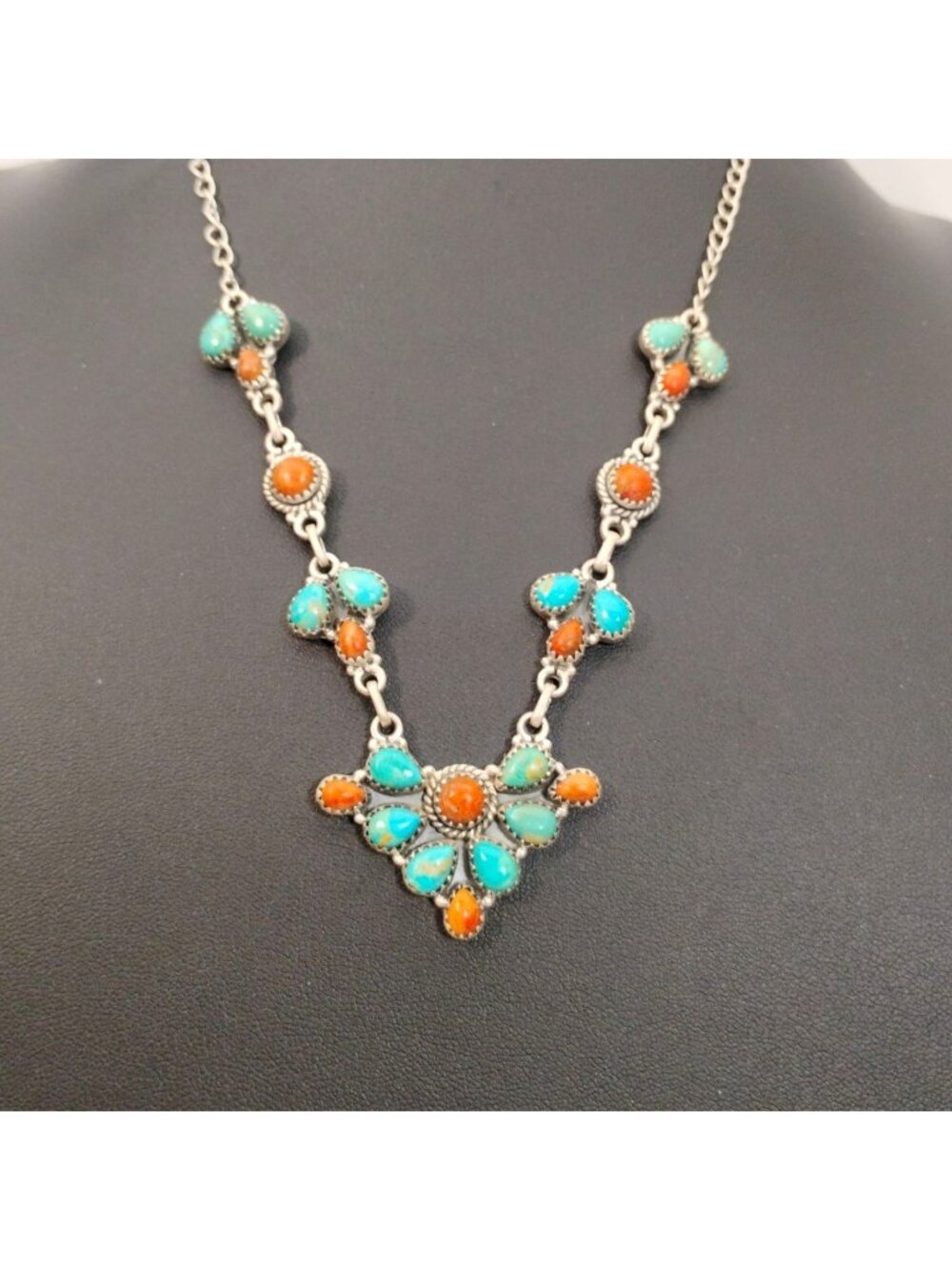 Southwest Turquoise & Orange Coral Sterling Silver Station Pendant Necklace
